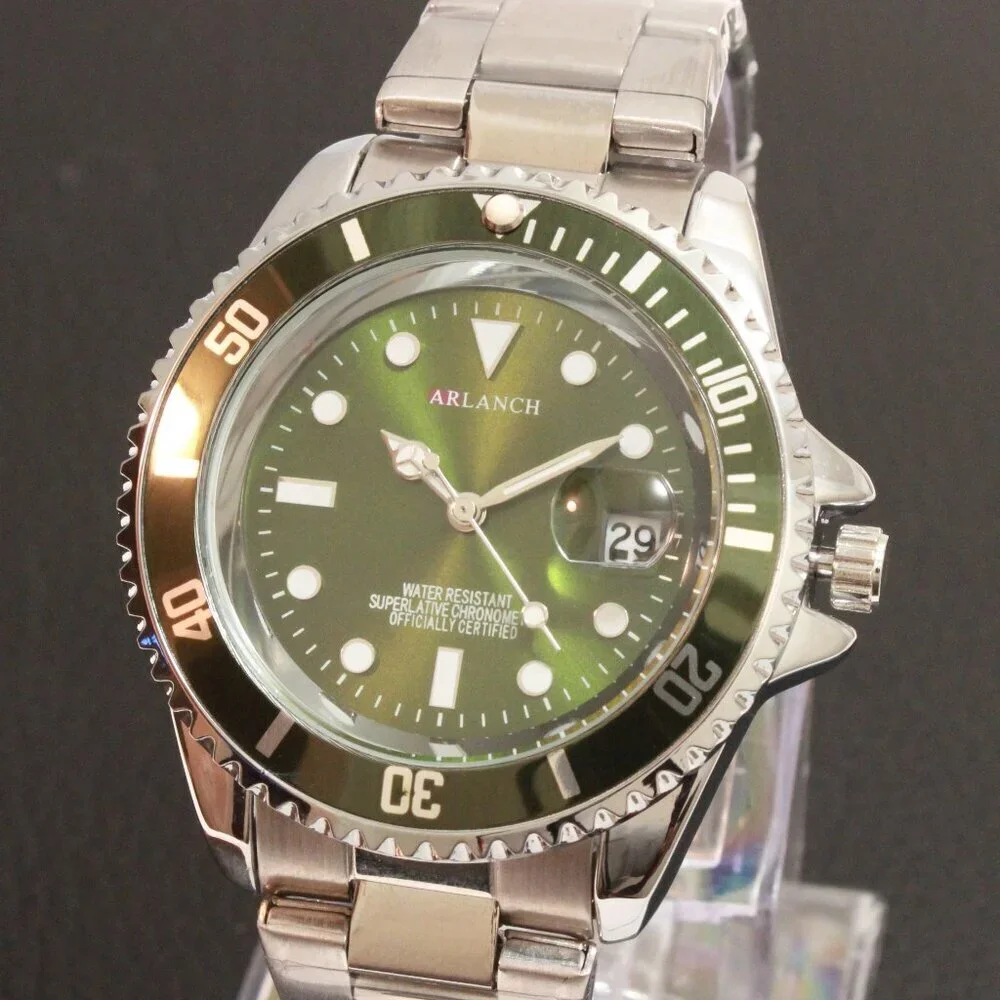 Men's Diver Style Watch Green Uni-directional Bezel Stainless Bracelet 40mm